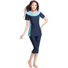 Ababalaya Burkini - Traje de baño de 2 piezas con bloque de color para mujer, Azul marino, Large