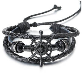 COOLSTEELANDBEYOND Marine Boat Steering Wheel Bracelet, Black Leather, Mens Womens Cotton Wrap Wristband