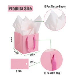 IN-JOOYAA 10 Pcs Pink Square Gift Bags with Tissue Paper Small Size Solid Party Favor Bags with Handles for Gift Giving (8x8x8 In, Pink)