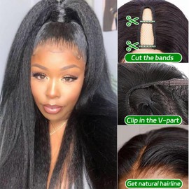 V Part Wig Human Hair Kinky Straight Wig Human Hair For Women Glueless Yaki Straight Half Wigs For Black Women Full Head Clips In No Leave Out Natural Color 150% Density 20 Inch