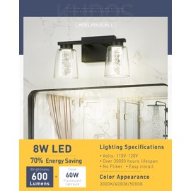 kudos Black Vanity Light, 2-Light LED Modern Bathroom Light Fixtures with Crystal Bubble and Clear Glass, 3000K/4000K/5000K Adjustable, KDVL03-BK-2