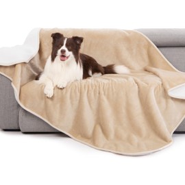 gogobunny Waterproof Bed Blanket, Reversible Sherpa Fleece Throw Blanket for Dog Puppy Cat, Furniture Cover Protects Bed Couch Sofa from Liquid Pee and Pet Fur (Beige, 60x80 inches)