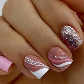 Press on Nails Short Silver Glitter Fake Nails Square Swirls Acrylic Nails Pink Full Cover Artificial Nails White Lines Nails Press ons Short Glossy Glue on Nails for Women 24Pcs