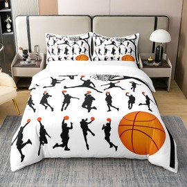 Basketball Print Bedding 100% Cotton Set Sports Theme Duvet Cover 100% Cotton 3D Ball Pattern Breathable Gift for Basketball Player Black White Duvet Set Room Decor Quilt Cover Queen Size Zipper