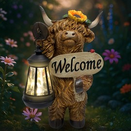 Qcxeulyo Solar Highland Cow Outdoor Statue with Latern for Garden, Outside Yard Lawn Decor Highland Cow Figurine Porch Patio Balcony Home, Birthday Gifts for Mom Women