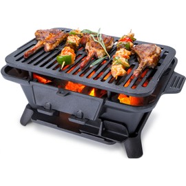 Hibachi Grill Outdoor, Portable Small Charcoal Grills, 100% Cast Iron, Mini Japanese Yakitori Tabletop Skillet Grill Stove for Outdoor Camping - Coal Door, Draft Door