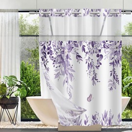 TWLSNCD - Cortina de ducha sin gancho con forro a presión, color morado claro, cortina de baño de mariposa con planta botánica para baño, 71 x 77 pulgadas