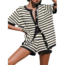 Saodimallsu Womens Crochet Swimsuit Coverup Summer Beach Sets Striped Knit Short Sleeve Button Shirts 2 Piece Short Set Black
