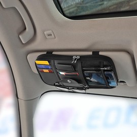 TSUGAMI Car Sun Visor Organizer, PU Leather Vehicle Sunshade Storage Pouch Holder with Multi-Pocket Net Zipper, Auto Interior Organization for Cards Pens Sunglasses, Universal Fit (Black)