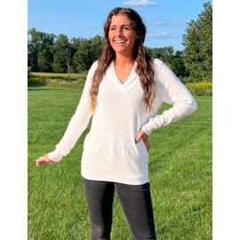 Zeagoo Fall Sweaters for Women Fashion 2025 Fall Casual Soft V Neck Long Sleeve Shirts for Work Going Out Cream S