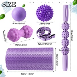 Seenelling 6Pcs Foam Roller Set Includes Peanut Massage Ball, Back Roller, Massage Roller Stick, 2Foot Stretching Strap, and Fasciitis Ball for Exercise Physical Body Therapy Yoga Massager (Purple)