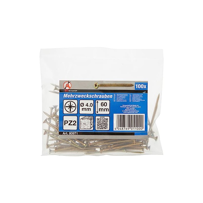 Kraftmann 80971 Pozidriv Pz2 Multi-Purpose Screws, Gold, 4.0 x 60