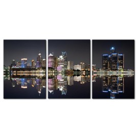 3 Pieces Panoramic Detroit Cityscape Picture Black and White Michigan Night Skyline Canvas Art Prints Wall Decoration for Bedroom Office Stretched and Framed Ready to Hang - 20"x28"x3 Panels