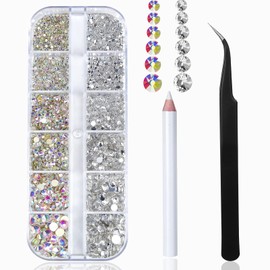 Nail Art Rhinestones Kit 1500pcs Nail Gems Ab Flatback Rhinestones Gems Stones, with Storage Organizer Box/Wax Pencil/Tweezers 6 Sizes (1.5-4.5 mm) for Nail Art Craft
