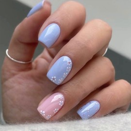 Press on Nails Medium Square Cute Pink Nails Acrylic False Nails with Flower Blue Full Cover Design Artificial Fake Nails Summer Reusable Gel Stick on Nails for Women and Girls