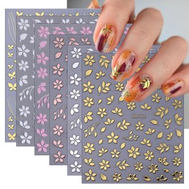 6 Sheets Flower Nail Art Stickers Metallic Nail Decals 3D Self Adhesive Gold Silver Rose Gold White Pink Flowers Leaves Butterfly Nail Design Sticker for Women Girls French Nail Decoration Accessories