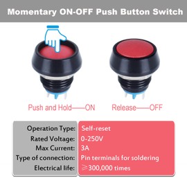 DMWD 2pcs 12mm Waterproof Metal Momentary Domed Push Button Switch 3A 12V 24V 110V 1NO ON-Off Reset Micro Switch Aluminium Black Shell (Pin Terminal Red Button)