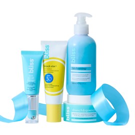 Bliss Skincare Starter Seasonal Gift Set: Blockstar SPF 30, Fab Foaming Cleanser, Drench & Quench Hydrating Serum, Eye Do All Things Eye Gel | 4-Piece Skincare Bundle for Radiant, Protected Skin