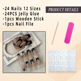 Jremg Black French Tip Press on Nails Medium Square Fake Nails with Pearl Design Cute Black Coffin Glue on Nails Glossy Metal Silver Planet Charms False Nails Reusable Acrylic Nails for Women 24Pcs