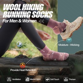 ANTSANG 6 Pairs Merino Wool Quarter Socks Running Walking Hiking Compression Support Breathable Thermal Warm Thick Cushion Ankle Unisex Socks for Women Men(3-7, Pink Series)