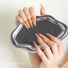 Melines Handmade Press On Nails - Hot Yellow Leopard Print 10pcs Long Almond Nails, Colorful Full Cover Artificial Stick on Nails Kit