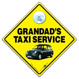Grandad's Taxi Car Sign, Suction Cup Car Window Sign For Grandads, London Black Cab Taxi Sign 14cm x 14cm
