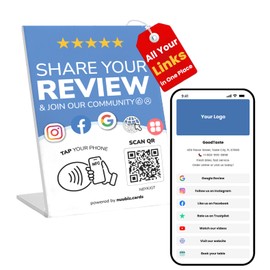 Review Stand Compatible with Google & Social Media QR Code Sign – Works Like a Review Tap Card – Multi-Business NFC & QR Code Stand Display– Link Reviews, Instagram, Facebook, Website & More – No App/Fees