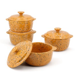 Stoneware Baking Ramekins Set of 4-10 Oz Mini Cocotte with Handles & Lids - Perfect for Oven Baking Souffle, Soup, Cobbler, Individual Serving Casserole Dishes, Orange