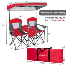COSTWAY Double Camping Chair, Portable Camping Chair with Canopy, Cup Holder, Iced Bag, Storage Bag, Carrying Bag, Folding Loveseat for Adults, Outdoors Sport, Red