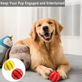 2Pcs Dog Chew Toy Ball - 3-in-1 Treat Dispenser, Teeth Cleaning & Boredom Buster for Medium Dogs - Natural Rubber Interactive Feeder Ball (Non-Toxic, Chew-Proof Design) (Yellow & Red)