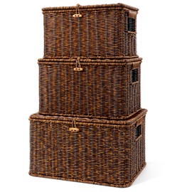 Nonam Wicker Storage Basket with Lid, Large Shelf Baskets for Boho Decor, Plastic Basket, Lidded Home Storage Bins - Stackable Containers Boxes for Organizing - Brown