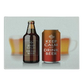 Lunarable Man Cave Cutting Board, Bottle and Can with Keep Calm and Drink Beer Lettering Cool Refreshments Drink, Decorative Tempered Glass Cutting and Serving Board, Large Size, Multicolor