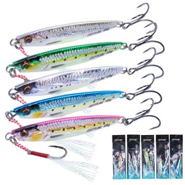 Goture Fishing Jigs, 40g 60g 80g Vertical Jig Saltwater Freshwater, Jig Fishing Lures with Assist Hook and Treble Hook, 5PCS Fishing Jigging Spoon Lures, Speed Fast Fall Jig for Tuna,Salmon,Bass