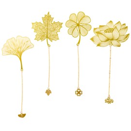 SAVITA 4 Pcs Metal Bookmarks with Chain, Hollow Leaf Bookmark with Lotus Ginkgo Maple Four-Leaf Clover Patterns, Flower Bookmarks for Book Lovers (Golden,4 Styles)