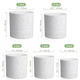 Meowell 7/6.5/6/5/4 inch Plant Pots, 5 Pack Cylinder Flower Pots for Small Indoor Outdoor Plants, Plastic Planters with Drainage Holes and Saucers for Garden Succulent House Plants, Speckled White