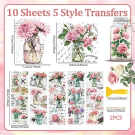 WANDIC 10 Sheets Rub On Transfer Sticker, Pink Flower Stickers Waterproof Transfer Decals for DIY Scrapbooking Photo Albums Furniture,11.8 * 3.9in