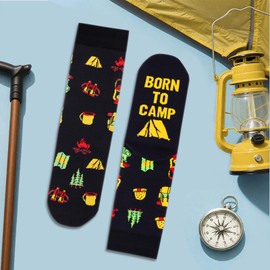 Funny Camp Socks for Men Women Dad Teenage Boys - BORN TO CAMP FORCED TO WORK Novelty Fun Funky Happy Silly Socks for Camper - Camping Essentials Fathers Day Birthday Gifts Christmas Stocking Filler