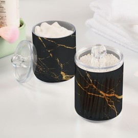 BOENLE 2 Pack Qtip Holder Organizer Dispenser Gold Black Marble Texture Bathroom Storage Canister Cotton Ball Holder Container for Cotton Pads/Swabs/Floss