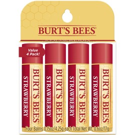 Burt's Bees - Bálsamo labial hidratante 100 % natural, fresa con cera de abejas y extractos de frutas, 4 tubos