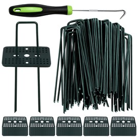 Bakulyor 50 Pcs Green Artificial Turf Stakes Anchor + 50 Pcs Buffer Washer, 6 Inch 11 Gauge Landscape Staples, Galvanized Lawn Spikes, Heavy Duty Yard Ground Pin for Grass Weed Barrier Sod Fabric