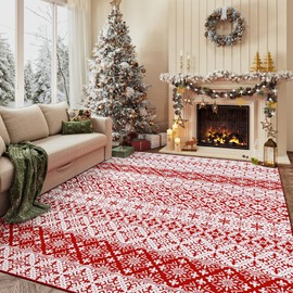 WondRg Christmas Area Rug 6x9 Red Snowflake Holiday Decorative Living Room Bedroom Throw Rug Washable Non Slip Soft Low Pile Large Carpet for Kitchen Entryway Dining Room Home Decor