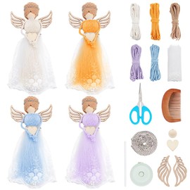 ACRNIGHEET 4 Set DIY Macrame Angel Kit with Wooden Wings Macrame Fairy Making Kit for Christmas Tree Decor Hand Woven Macrame Angel Hanging Kit with Step-by-Step Instruction Small Angel Macrame Kit