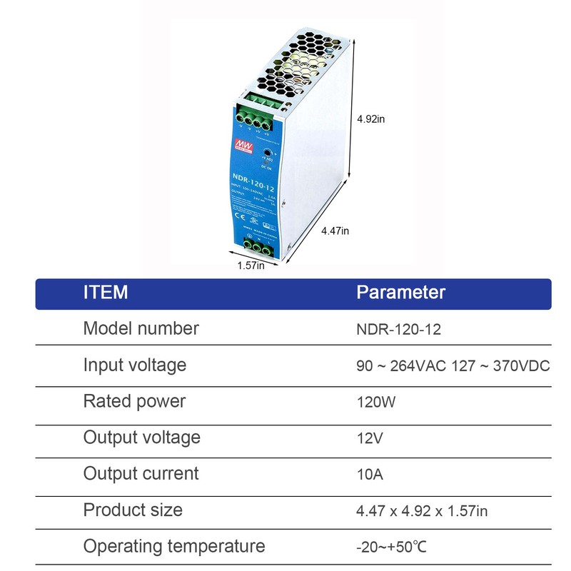 DrapeMania NDR-120-12 DIN Rail Power Supply, 12V/10A, 120W, Slim Single