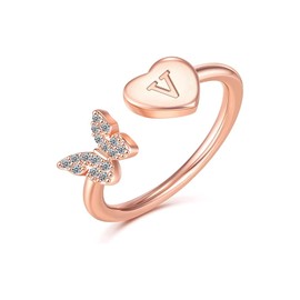 Initial Rings for Women Teen Girls Stackable Butterfly Initial Letter Rings Crystal Inlaid Capital Alphabet Ring 14k Gold Silver Rose Gold Plated Open Adjustable Initial rings Jewelry Gifts, Adjustable, Copper, No Gemstone