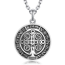 VENICEBEE® Cross St. Benedict Saint Medal Protection Seal Exorcism Sacramental Christian Amulet Solid 925 Sterling Silver Pendant Necklace + Velvet Pouch, Polishing Cloth, Gift Box