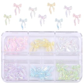 Long Bow-Knot Nail Charms Gems - WLGDLH 1 Box of 6 Colors Cute Kawaii 3D Nail Charms Resin Acrylic Nail Rhinestones Aurora Glitter Charms for Nail Art DIY Design Supplies Gift for Women and Girls