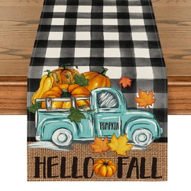 Artoid Mode Buffalo Plaid Truck Pumpkin Maple Leaf Hello Fall Table Runner, Seasonal Autumn Kitchen Dining Table Decor for Home Party 13x36 Inch