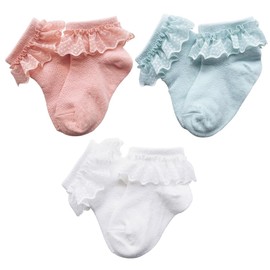 Snegyu 3 Pairs Toddler Girls Frilly Socks Kids Princess Socks Baby Girl Lace Top Ruffle Ankle Socks for 0-12 Months