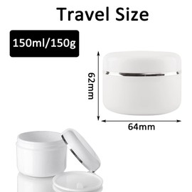 Alledomain 4pcs 150ml/150g White Cosmetic Sample Jars with 3Pcs Mini Spatulas & 6 Labels, Plastic Refillable Travel Pot Containers with Silver Dome Lids & Inner Liners for Makeup Creams Beauty Nails