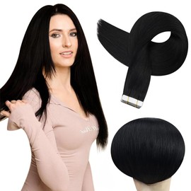 Natural Color Straight Tape In Hair Extensions 24 Inch HuxoWax VirgIn Remy Tape In Hair Extensions Double Weft Hair Weave #1 Color